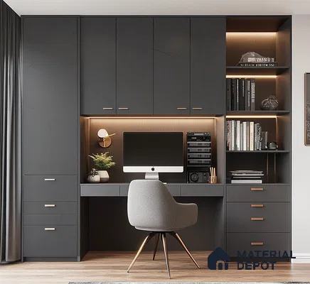 Sleek Grey Laminate Home Office with Modern Built-in Storage | Material Depot