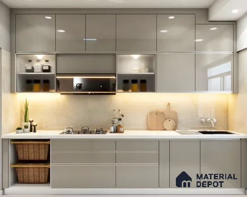 Sleek High-Gloss Beige Modular Kitchen With Warm Underlights | Material Depot