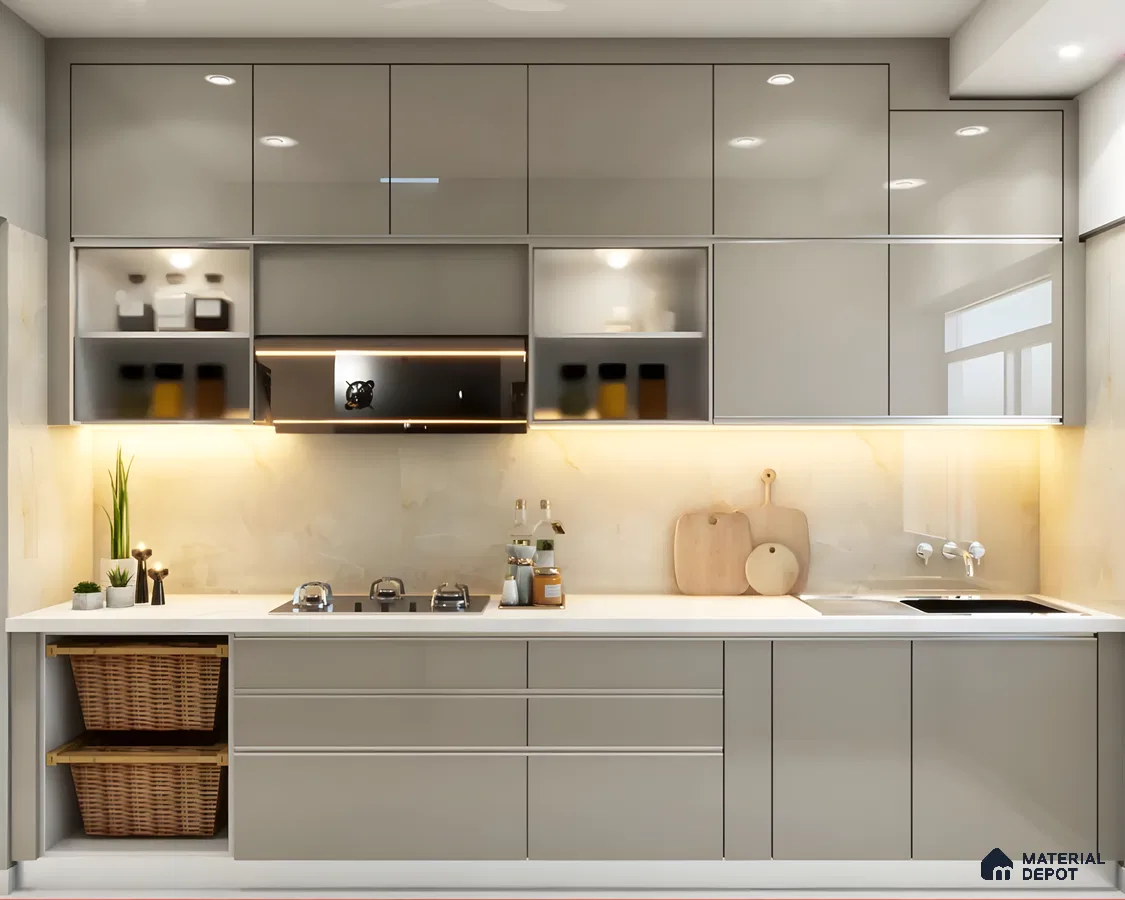 Sleek High-Gloss Beige Modular Kitchen With Warm Underlights | Material Depot