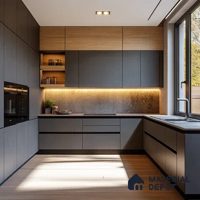 Sleek Kitchen Corner with Wood Textures and Modern Grey Cabinetry | Material Depot