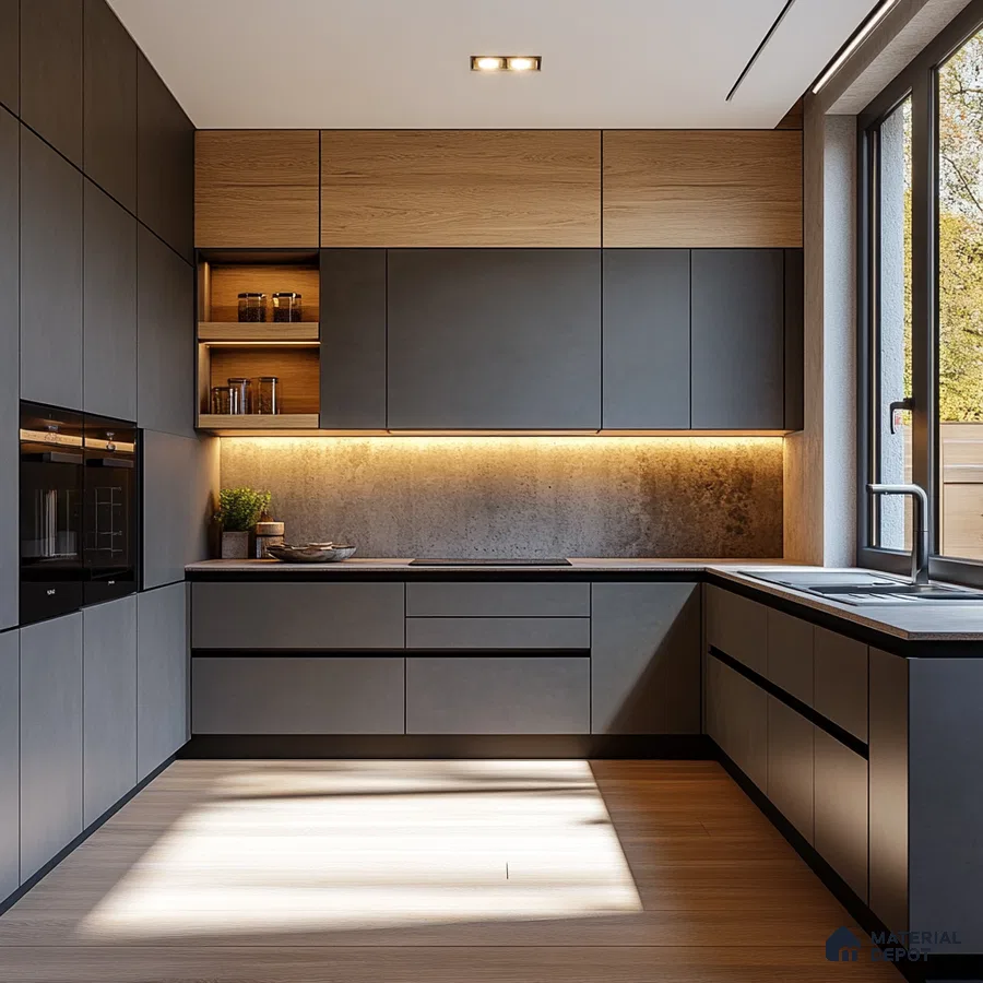 Sleek Kitchen Corner with Wood Textures and Modern Grey Cabinetry | Material Depot