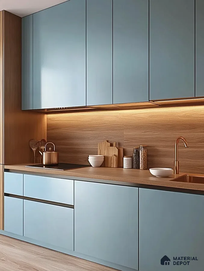 Sleek Kitchen Design Featuring Ice Blue Cabinets and Warm Wooden Accents | Material Depot