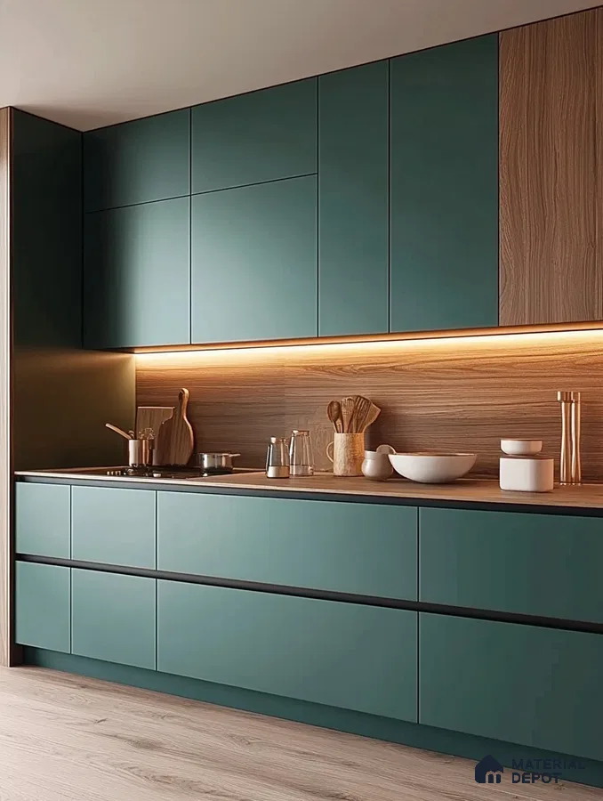Sleek Kitchen Design Highlighting Turquoise Cabinets with Warm Wooden Features | Material Depot
