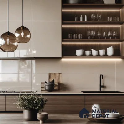 Sleek Kitchen in Neutral Tones with Stylish Fixtures and Ambient Lighting | Material Depot