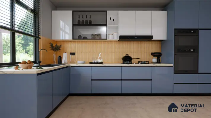 Sleek Kitchen with Blue Cabinets and Textured Yellow Tiles | Material Depot