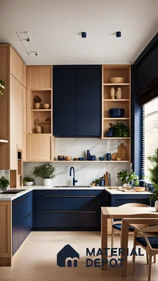 Sleek Kitchen With Blue Laminate And Wood Cabinets | Material Depot