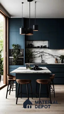 Sleek Kitchen With Luxurious Blue Laminates | Material Depot