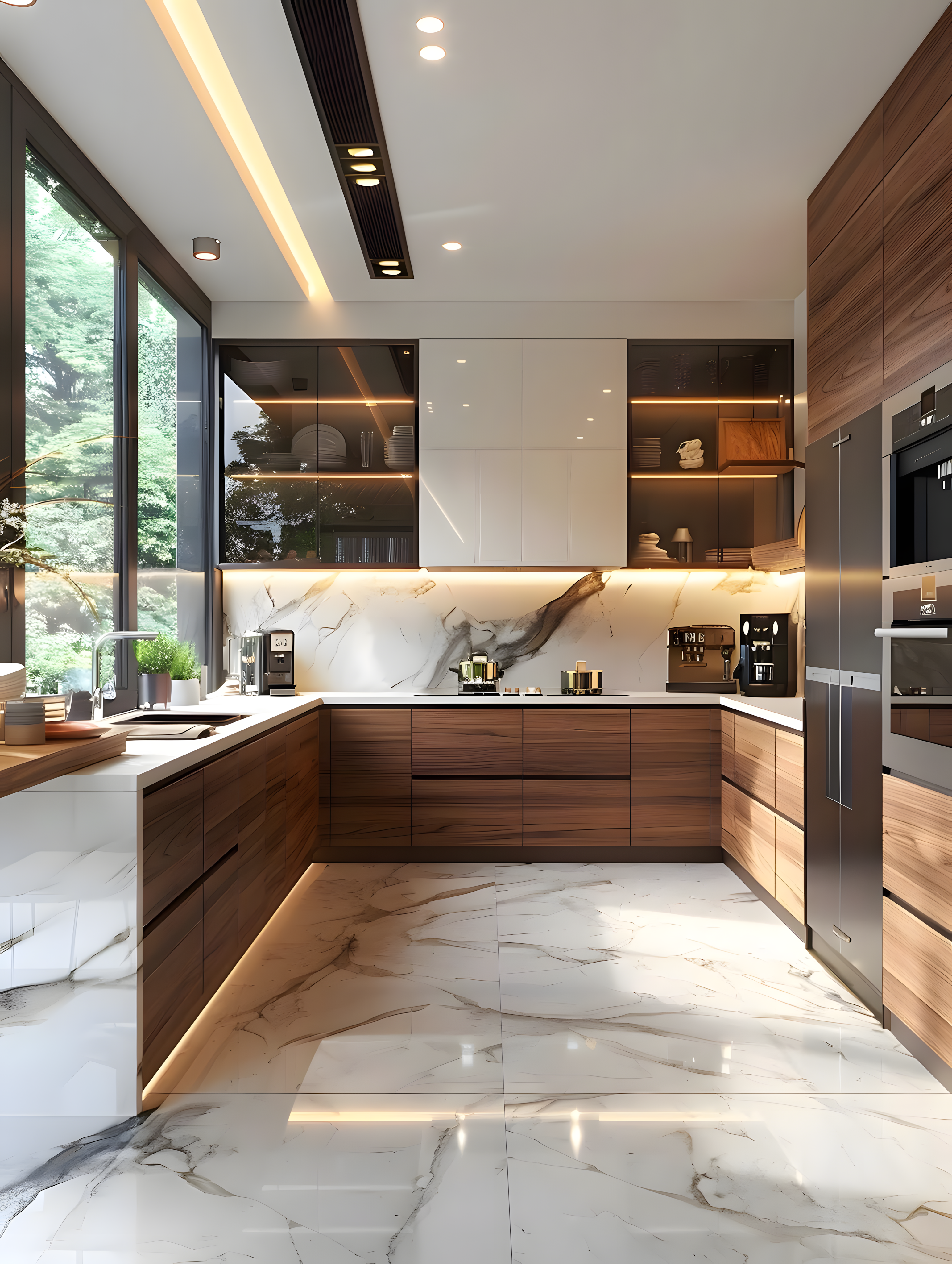 Sleek L-Shaped Kitchen With Walnut Base And Marble Elegance | Material Depot