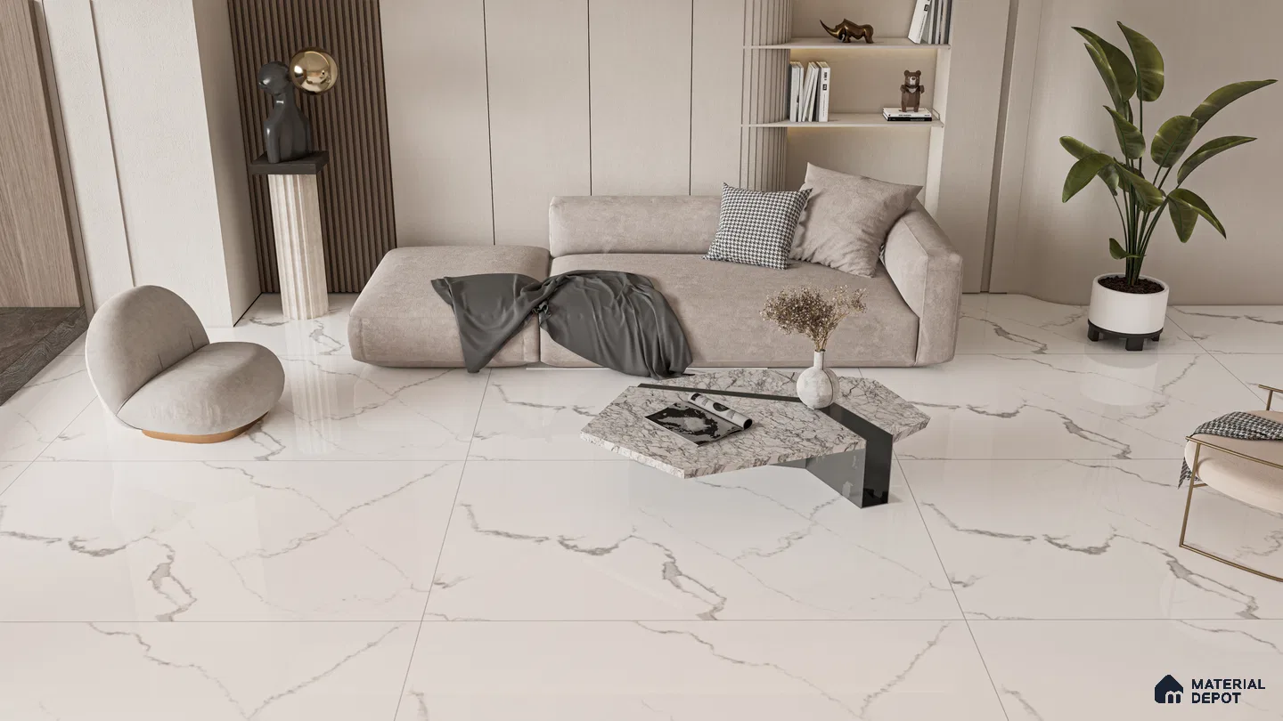 Sleek Living Room with Glossy White Marble Look Tiles | Material Depot
