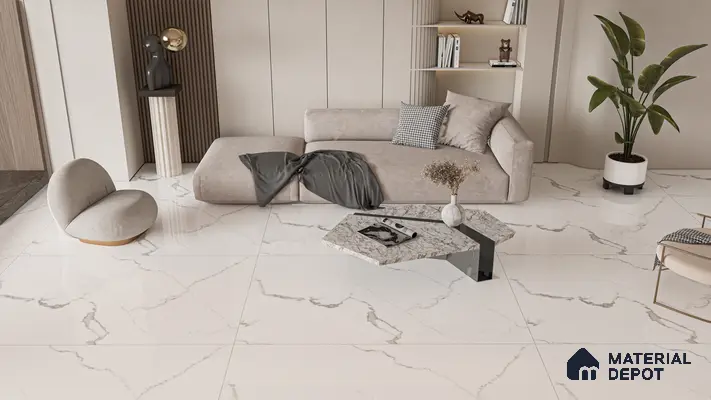 Sleek Living Room with Glossy White Marble Look Tiles | Material Depot