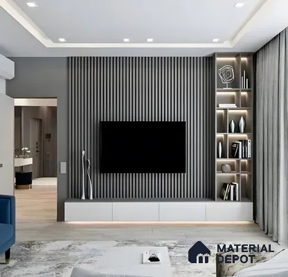 Sleek TV Unit with Gray Slatted Wall and Built-in Shelving | Material Depot