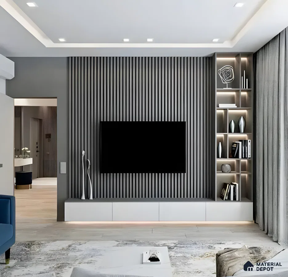 Sleek TV Unit with Gray Slatted Wall and Built-in Shelving | Material Depot