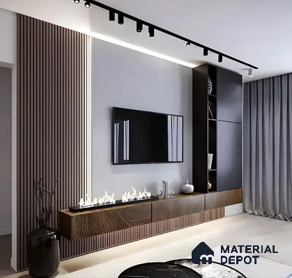 Sleek TV Unit with Wood-Paneled Accent Wall and Electric Fireplace | Material Depot