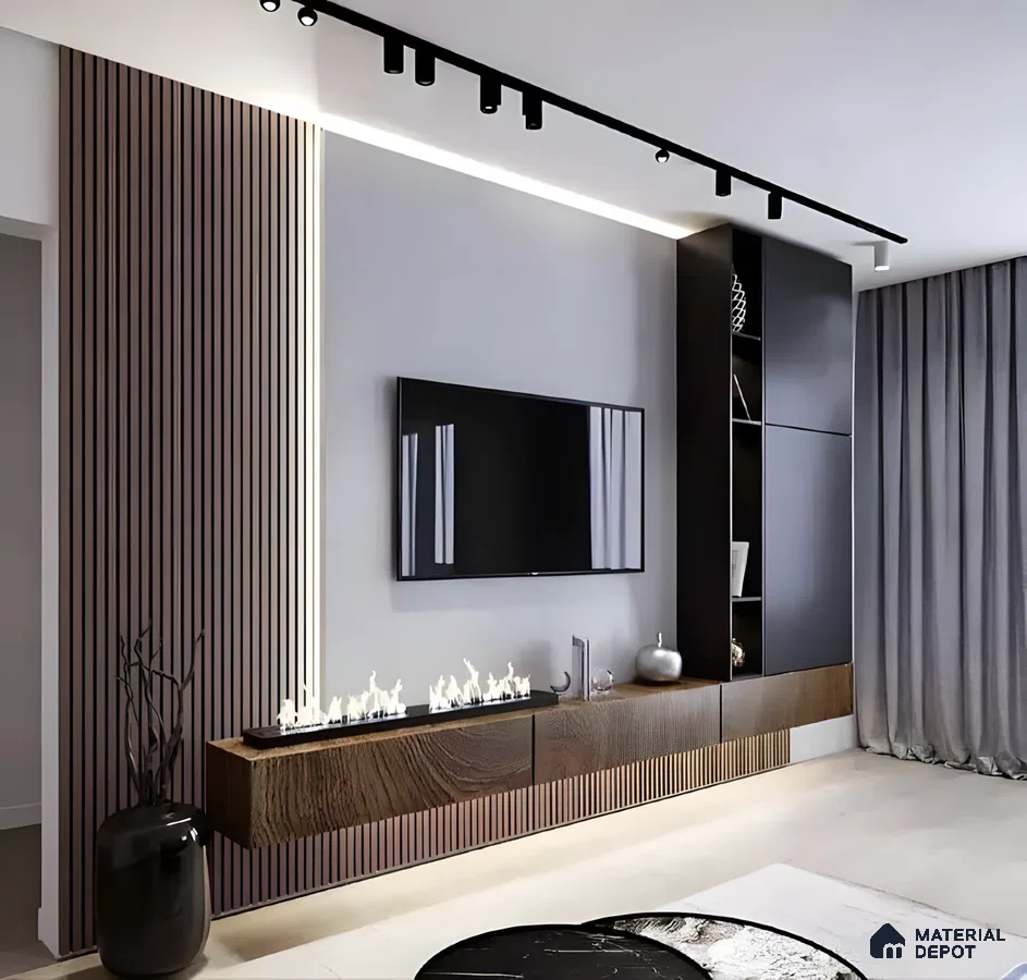 Sleek TV Unit with Wood-Paneled Accent Wall and Electric Fireplace | Material Depot