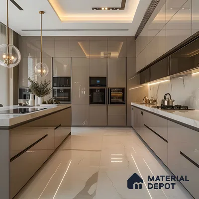 Sleek Luxe: Glossy Acrylic Kitchen With Built-In Appliances And Warm Lighting | Material Depot