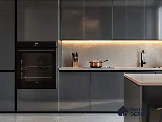 Sleek Modern Kitchen with High-Gloss Black Cabinets and Integrated Appliances | Material Depot
