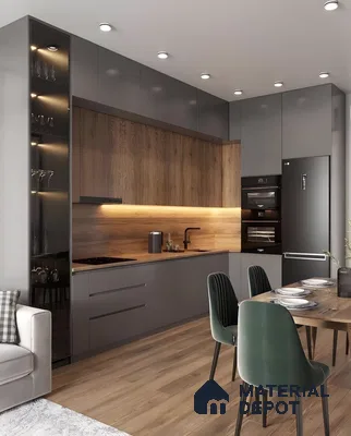 Sleek Matte Grey Kitchen With Wooden Backsplash And Warm Ambient Lighting  | Material Depot