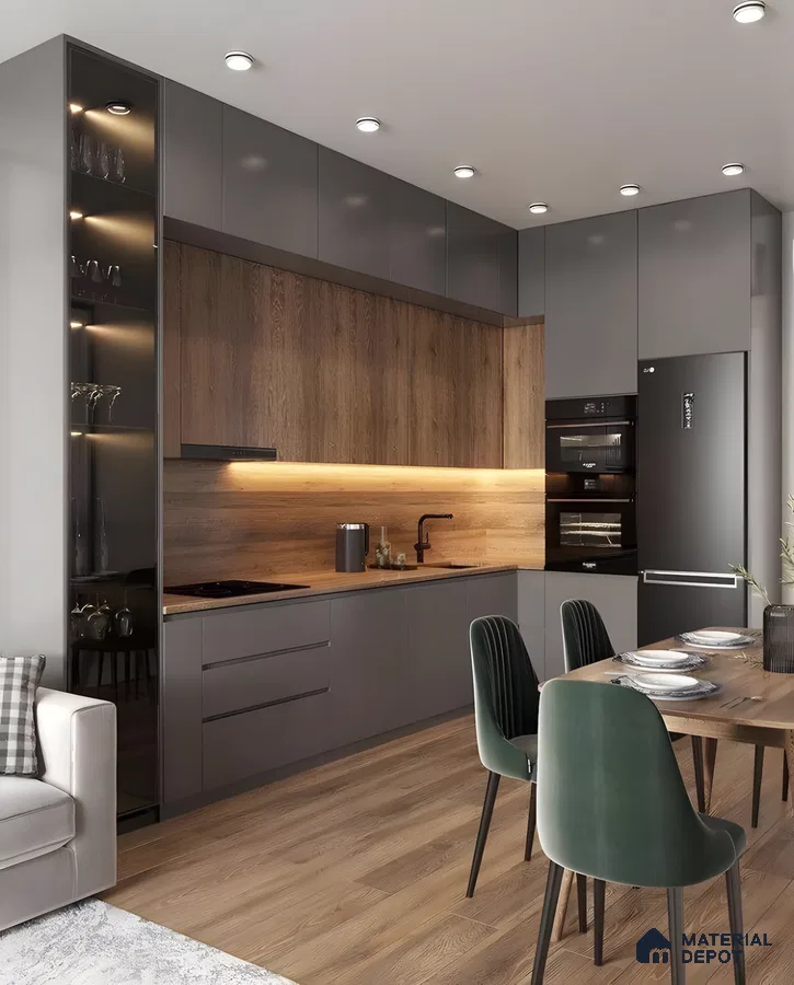 Sleek Matte Grey Kitchen With Wooden Backsplash And Warm Ambient Lighting  | Material Depot
