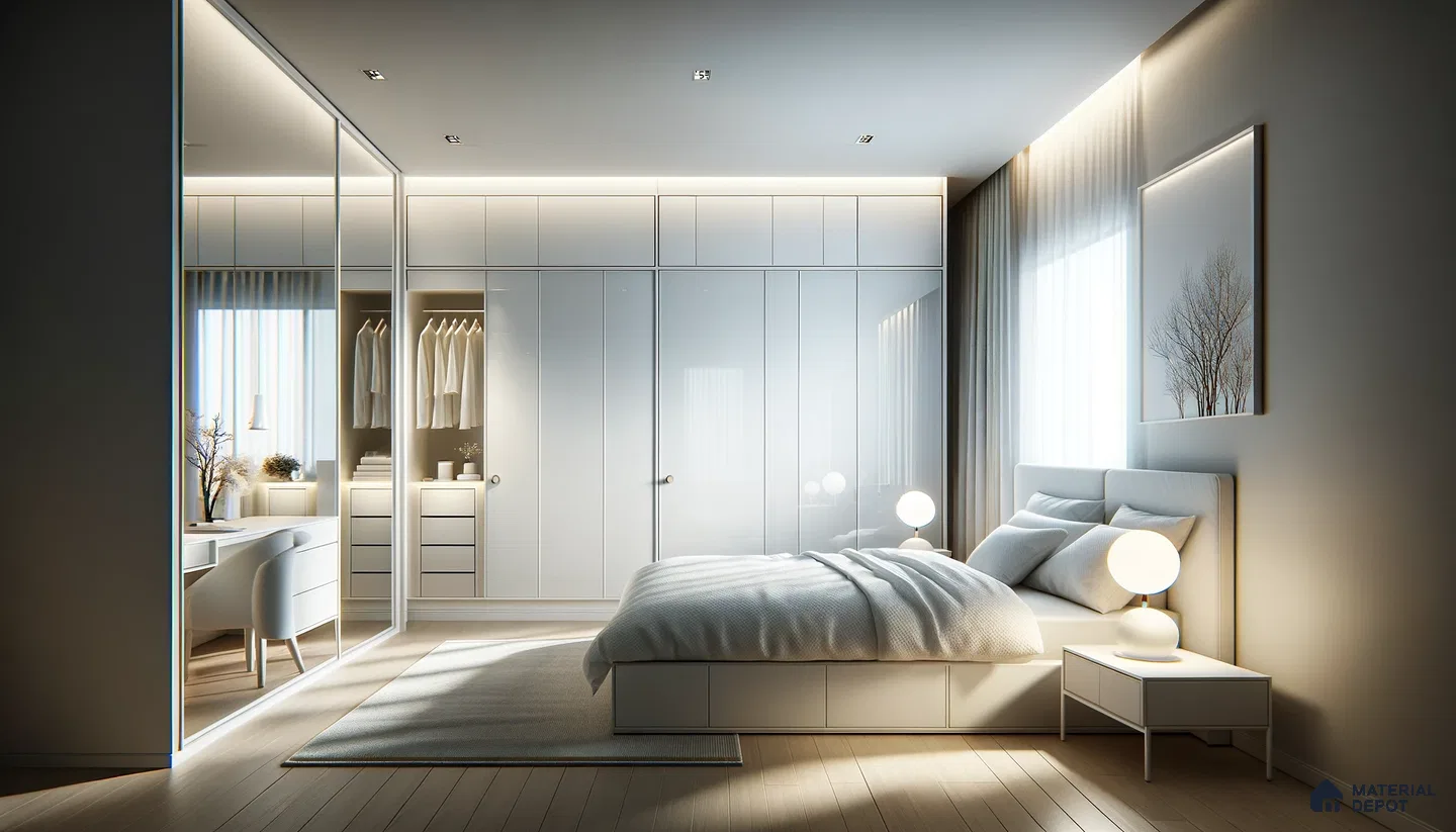 Sleek Minimalist Bedroom with Reflective Surfaces and Soft Lighting | Material Depot