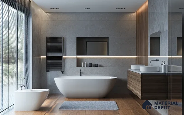 Sleek Modern Bathroom with Gray Tiles and Wood Accents | Material Depot