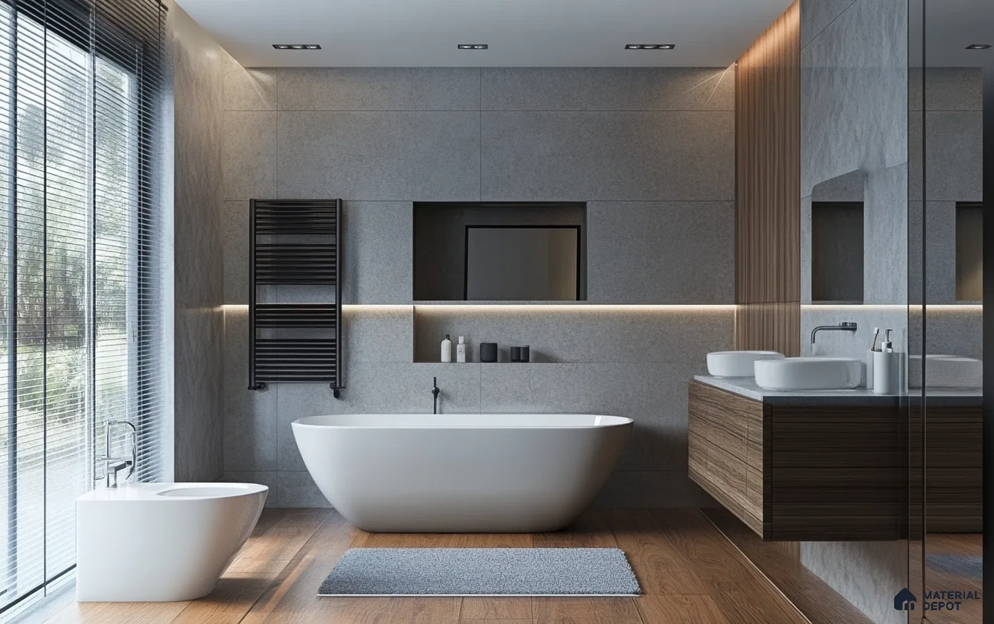 Sleek Modern Bathroom with Gray Tiles and Wood Accents | Material Depot