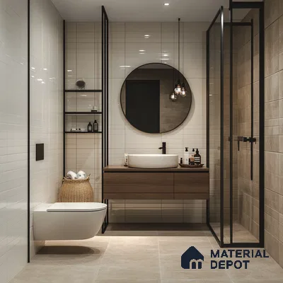 Sleek Modern Bathroom with Industrial Elements and Round Mirror | Material Depot