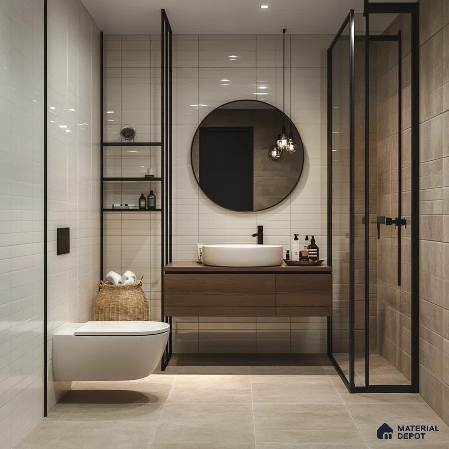 Sleek Modern Bathroom with Industrial Elements and Round Mirror | Material Depot