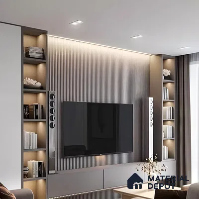 Sleek Modern Gray TV Wall with Built-in Shelving and Decorative Lighting | Material Depot