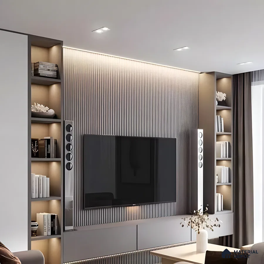 Sleek Modern Gray TV Wall with Built-in Shelving and Decorative Lighting | Material Depot