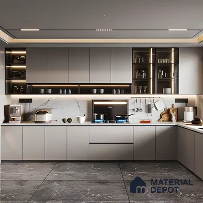 Sleek Modern Grey toned Kitchen with Marble Accents and LED Lighting | Material Depot
