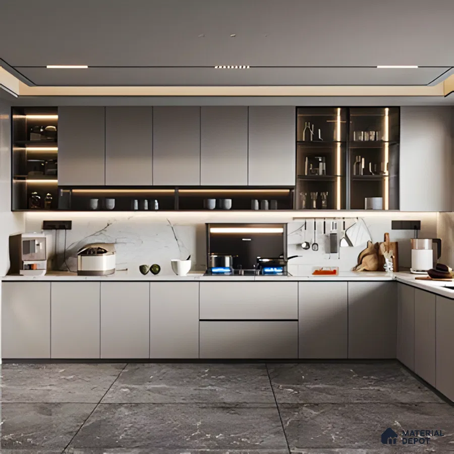 Sleek Modern Grey toned Kitchen with Marble Accents and LED Lighting | Material Depot