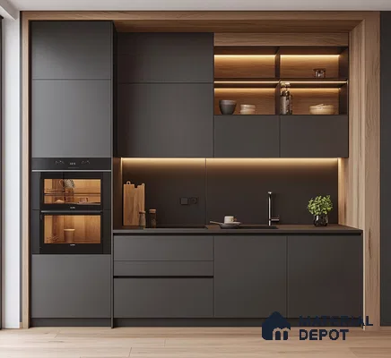 Sleek Modern Kitchen with Black Matte Cabinets and Wooden Accents | Material Depot