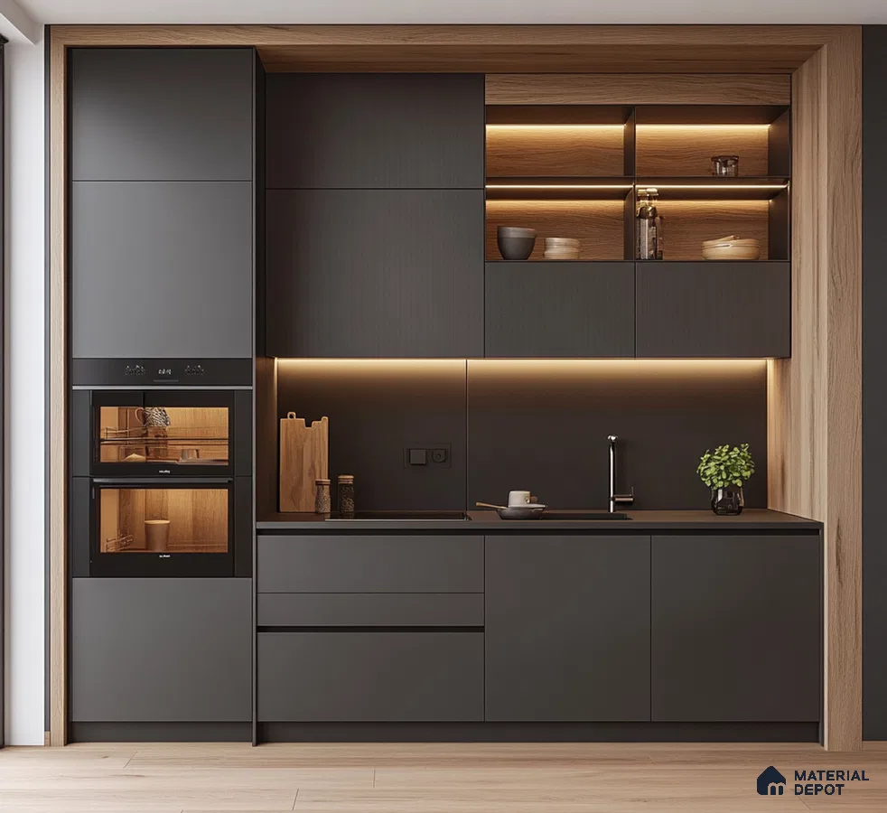 Sleek Modern Kitchen with Black Matte Cabinets and Wooden Accents | Material Depot
