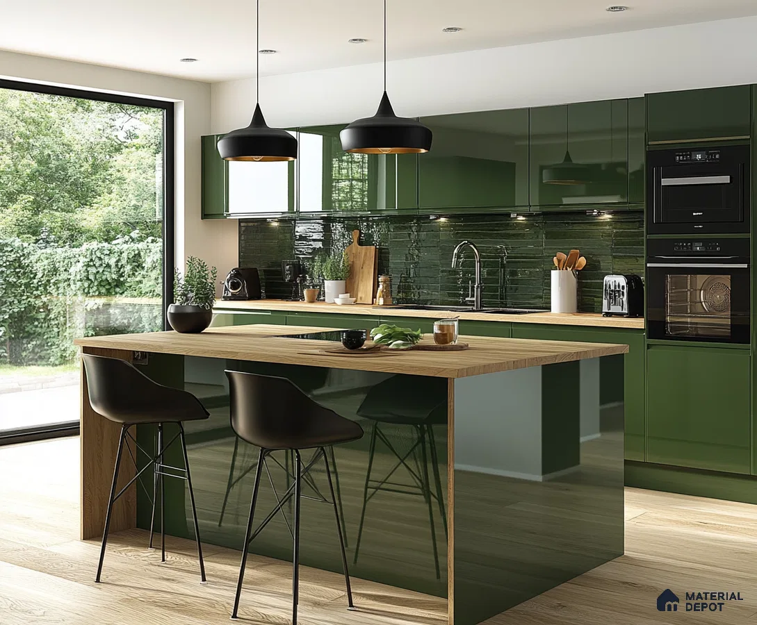 Sleek Modern Kitchen in Green with Expansive Natural Views and Black Accents | Material Depot