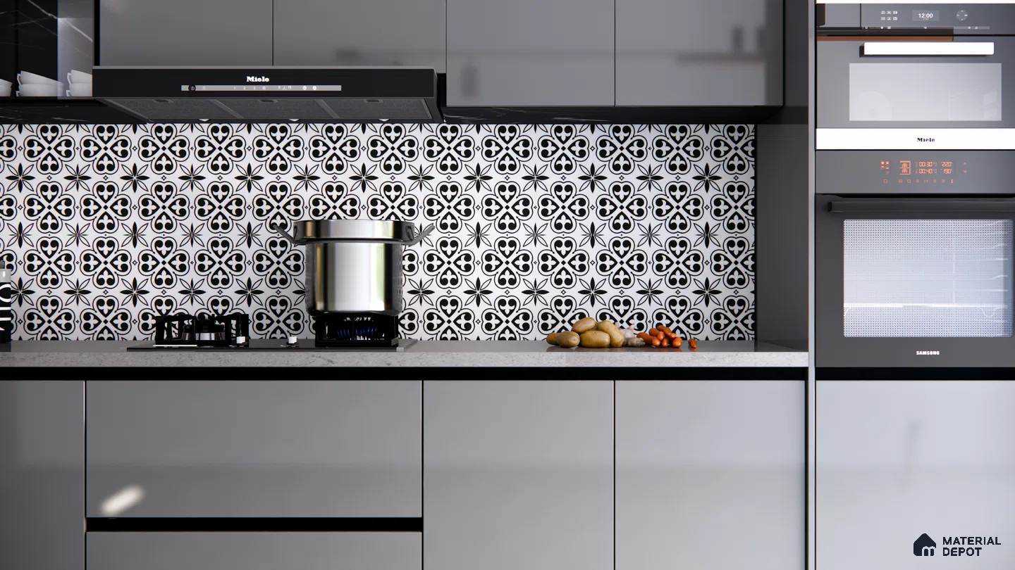 Sleek Modern Kitchen with Black & White Patterned Backsplash | Material Depot