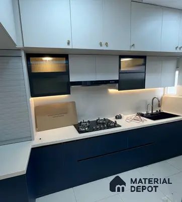 Sleek Modern Kitchen with Blue & White Dual Tone Cabinetry in Bengaluru | Material Depot