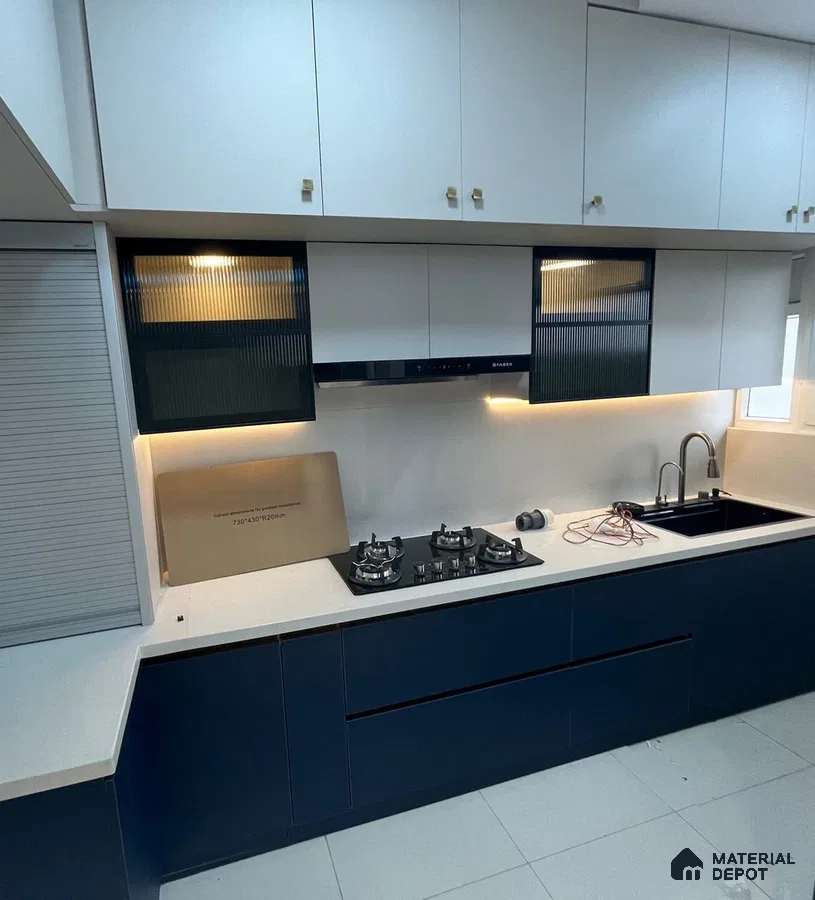 Sleek Modern Kitchen with Blue & White Dual Tone Cabinetry in Bengaluru | Material Depot
