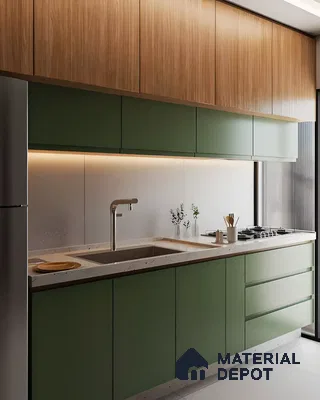 Sleek Modern Kitchen with Earthy Green and Wood Accents | Material Depot