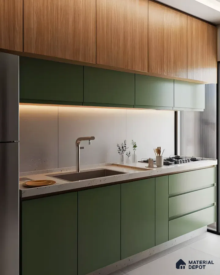 Sleek Modern Kitchen with Earthy Green and Wood Accents | Material Depot