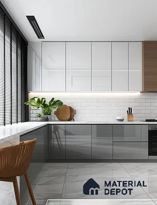 Minimalist Kitchen with Fluted Upper Cabinets and Earthy Accents | Material Depot
