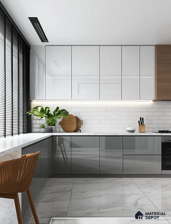 Minimalist Kitchen with Fluted Upper Cabinets and Earthy Accents | Material Depot