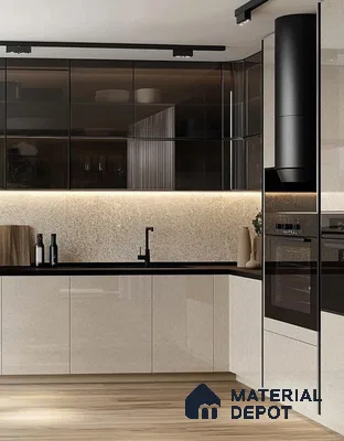 Sleek Matte Black Kitchen with Integrated Lighting and Minimalist Design | Material Depot