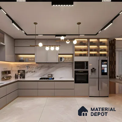 Sleek Modern Kitchen with Marble Accents and LED Lighting | Material Depot