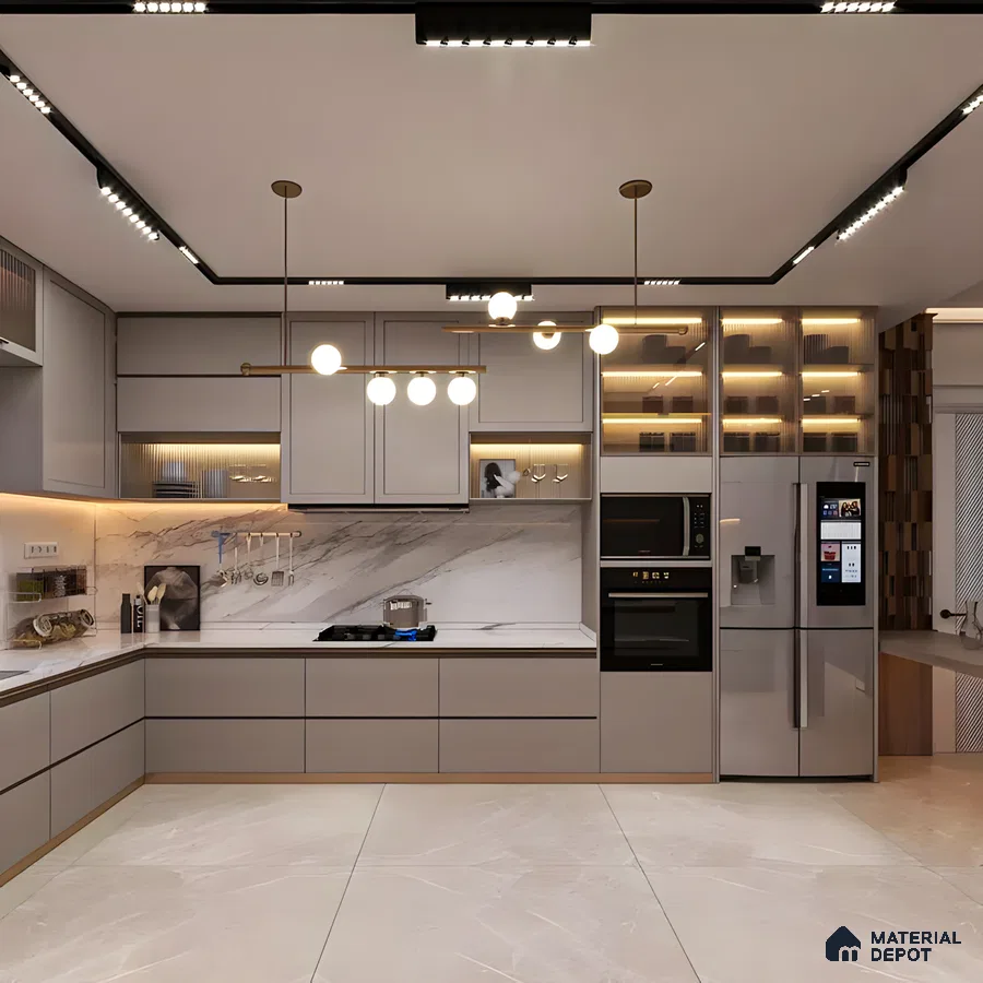 Sleek Modern Kitchen with Marble Accents and LED Lighting | Material Depot
