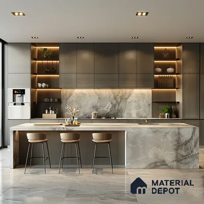 Sleek Modern Kitchen with Marble Island and LED Lighting | Material Depot