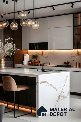 Sleek Modern Kitchen with Marble Island and Pendant Lights | Material Depot