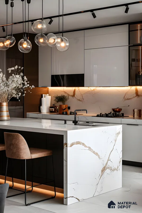 Sleek Modern Kitchen with Marble Island and Pendant Lights | Material Depot