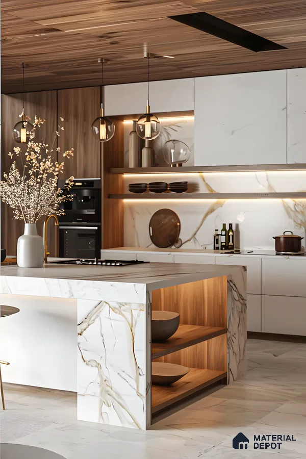 Sleek Modern Kitchen with Marble Island and Wood Accents | Material Depot