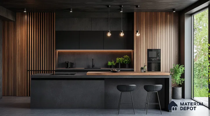 Sleek Modern Kitchen with Natural Wood Accents and Panoramic Window | Material Depot