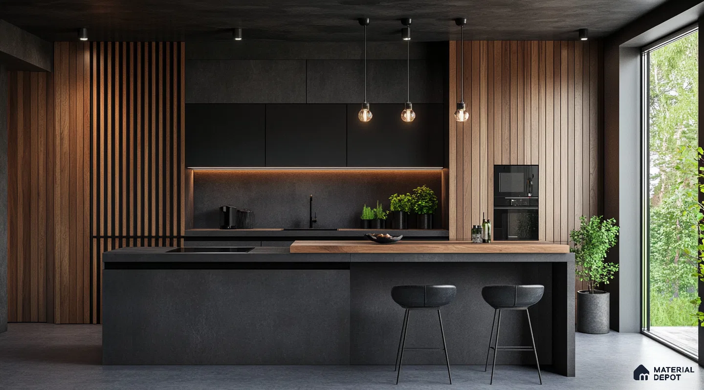 Sleek Modern Kitchen with Natural Wood Accents and Panoramic Window | Material Depot